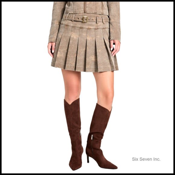 Faux Suede Pleated Mini Skirt with Invisible Zipper and Belt